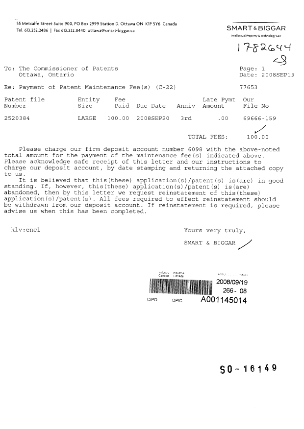 Document de brevet canadien 2520384. Taxes 20080919. Image 1 de 1