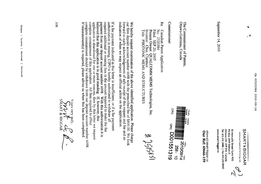 Canadian Patent Document 2520384. Prosecution-Amendment 20100914. Image 1 of 1