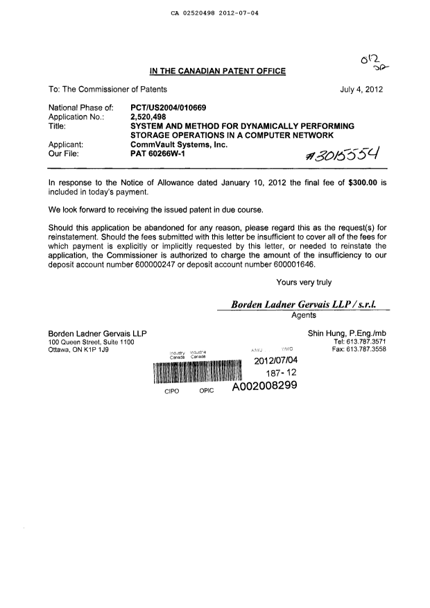 Canadian Patent Document 2520498. Correspondence 20111204. Image 1 of 1