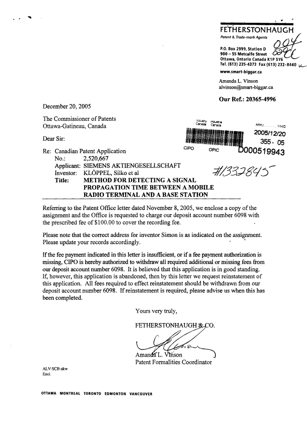 Canadian Patent Document 2520667. Correspondence 20051220. Image 1 of 1