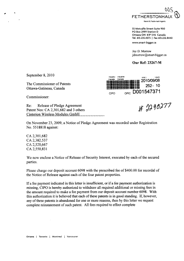 Document de brevet canadien 2520667. Cession 20100908. Image 1 de 10