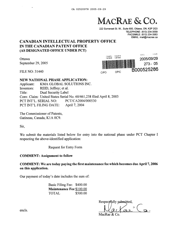 Document de brevet canadien 2520978. Cession 20050929. Image 1 de 3