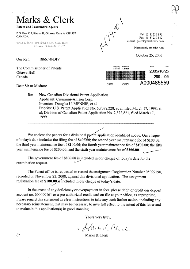 Document de brevet canadien 2520983. Cession 19990317. Image 1 de 3