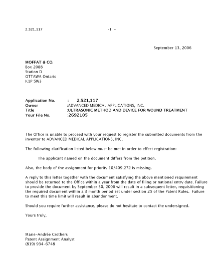Canadian Patent Document 2521117. Correspondence 20051213. Image 1 of 2