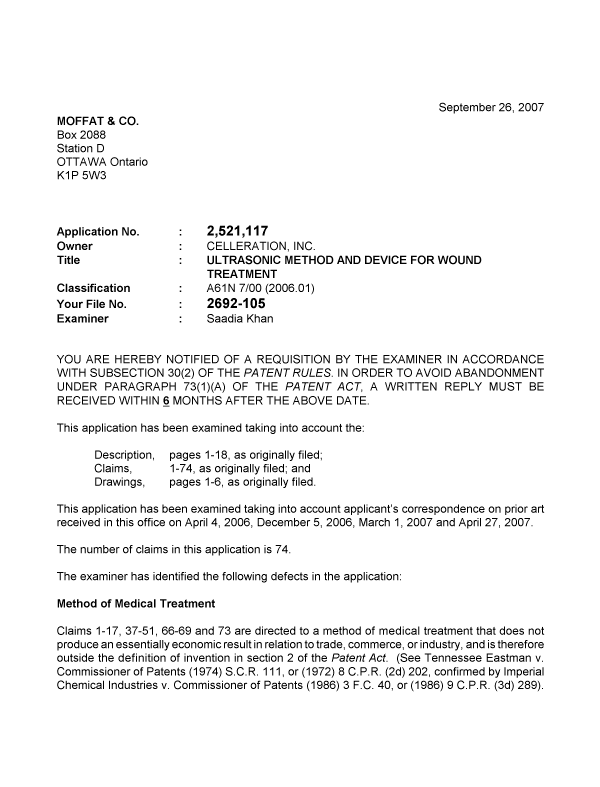 Canadian Patent Document 2521117. Prosecution-Amendment 20061226. Image 1 of 3