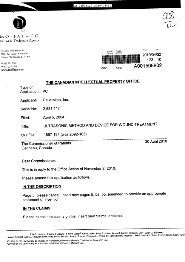 Canadian Patent Document 2521117. Prosecution-Amendment 20091230. Image 1 of 10