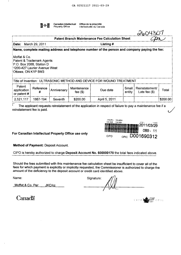 Canadian Patent Document 2521117. Fees 20101229. Image 1 of 1