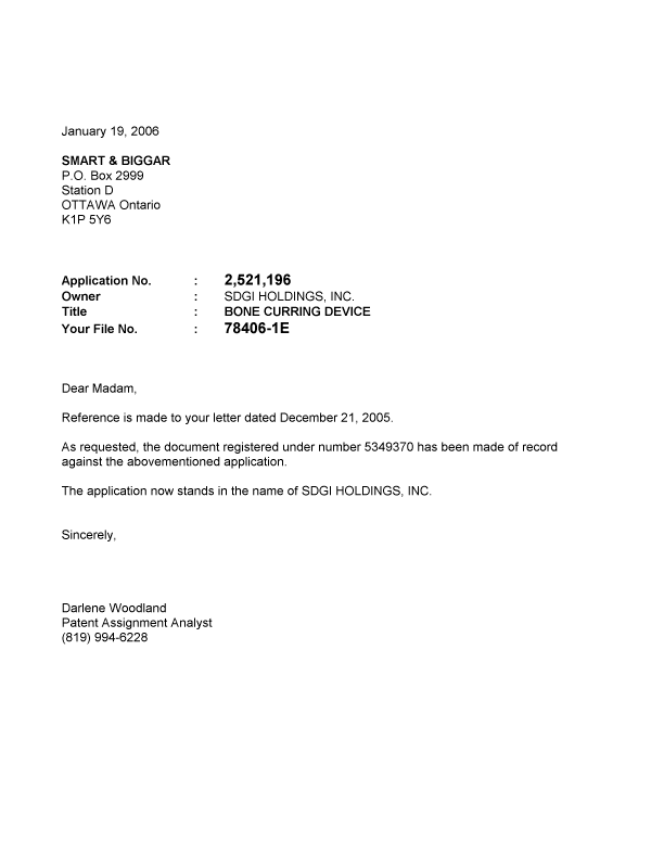 Canadian Patent Document 2521196. Correspondence 20051219. Image 1 of 1