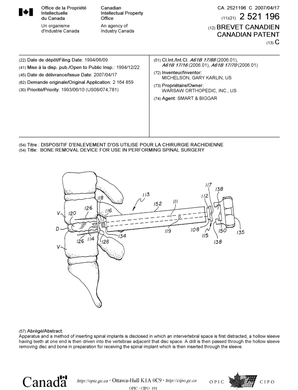Canadian Patent Document 2521196. Cover Page 20061203. Image 1 of 1