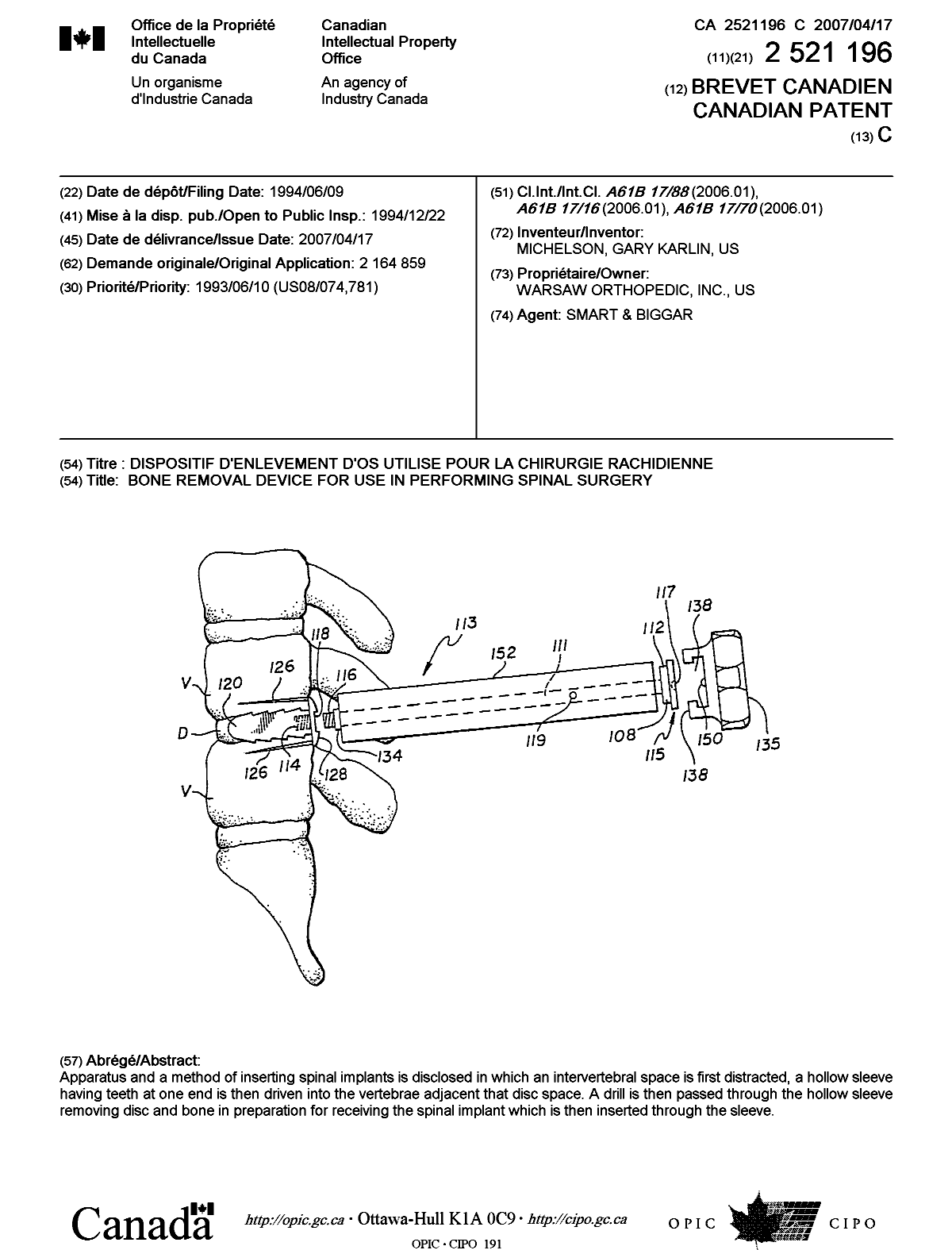 Canadian Patent Document 2521196. Cover Page 20061203. Image 1 of 1