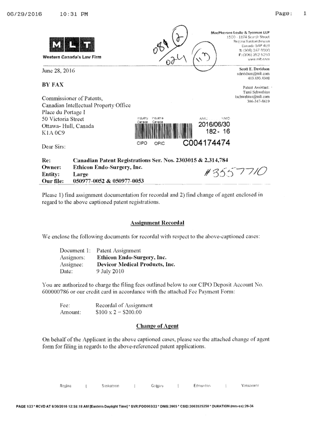 Document de brevet canadien 2521354. Correspondance 20160630. Image 1 de 8