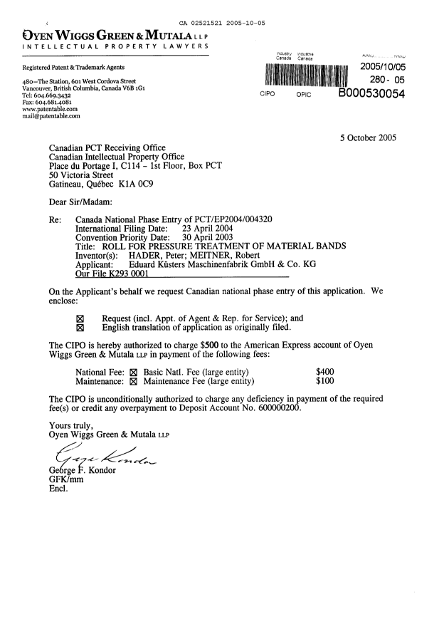 Canadian Patent Document 2521521. Assignment 20051005. Image 1 of 2