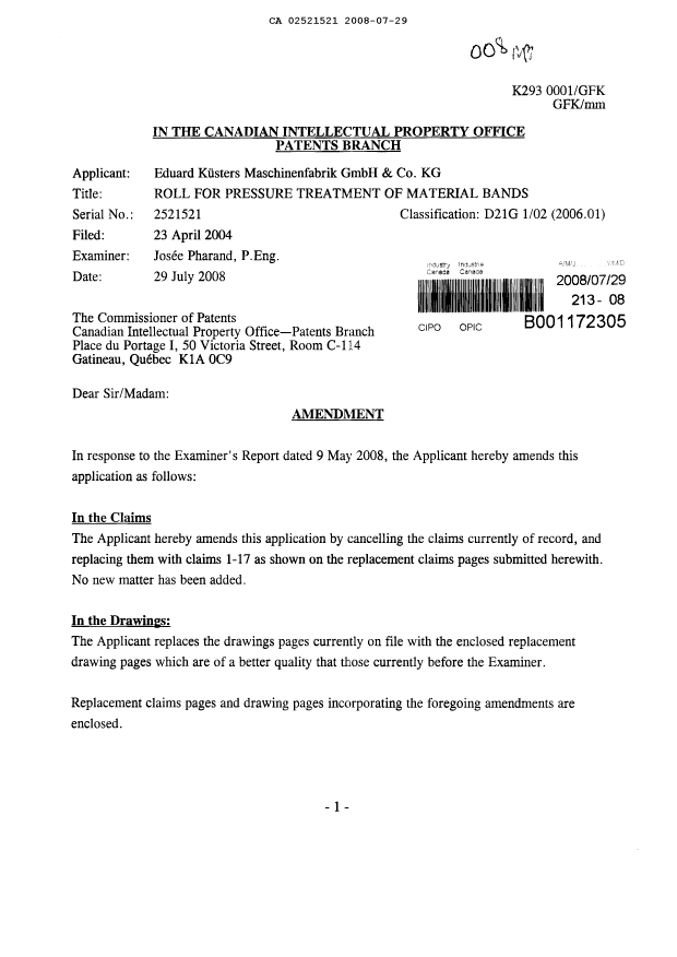 Canadian Patent Document 2521521. Prosecution-Amendment 20080729. Image 1 of 9
