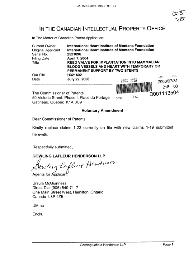 Canadian Patent Document 2521896. Prosecution-Amendment 20071231. Image 1 of 4