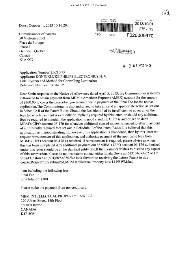 Canadian Patent Document 2521973. Correspondence 20121201. Image 1 of 2