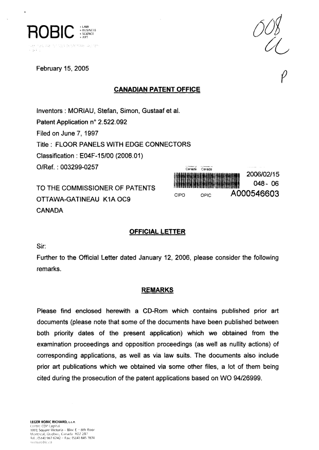 Canadian Patent Document 2522092. Prosecution-Amendment 20051215. Image 1 of 3