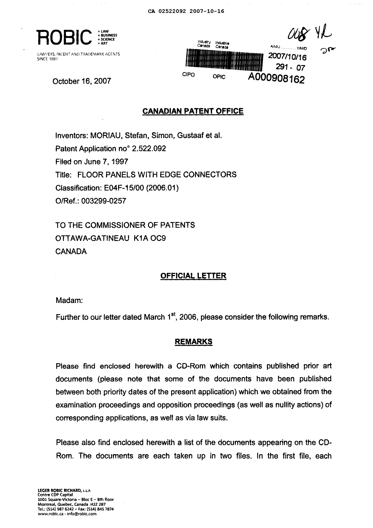 Canadian Patent Document 2522092. Prosecution-Amendment 20061216. Image 1 of 2