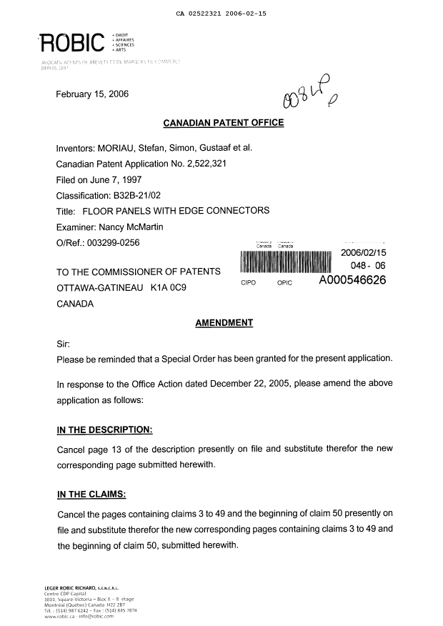 Canadian Patent Document 2522321. Prosecution-Amendment 20051215. Image 1 of 21
