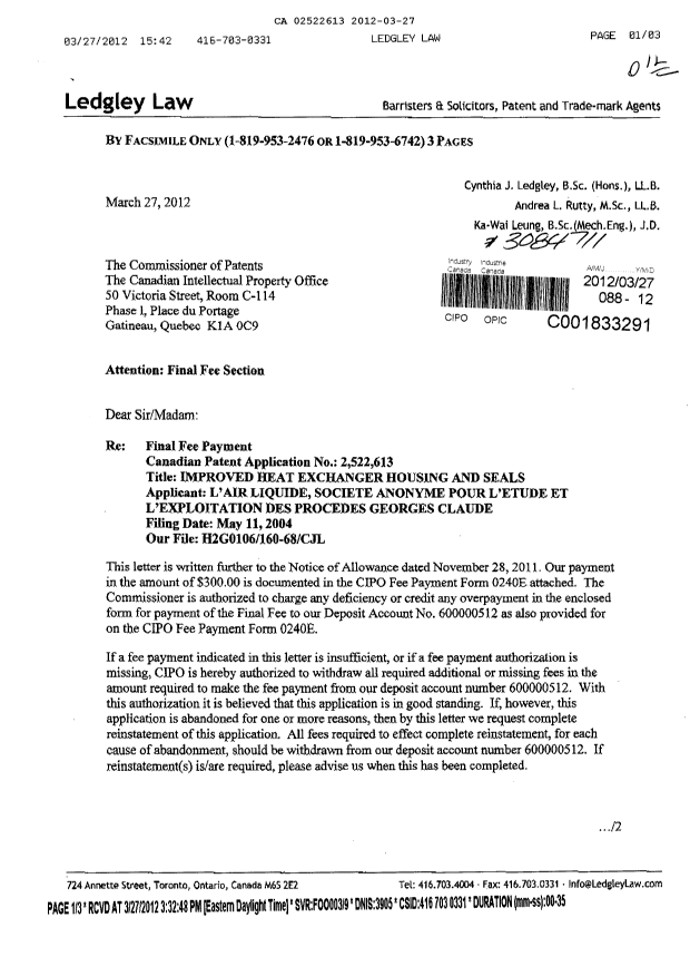 Canadian Patent Document 2522613. Correspondence 20120327. Image 1 of 2