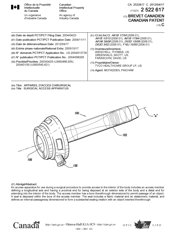 Canadian Patent Document 2522617. Cover Page 20120320. Image 1 of 1