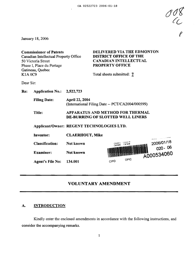 Canadian Patent Document 2522723. Prosecution-Amendment 20060118. Image 1 of 7