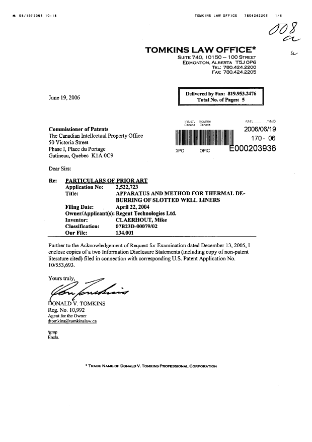 Canadian Patent Document 2522723. Prosecution-Amendment 20060619. Image 1 of 1