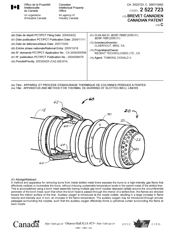 Canadian Patent Document 2522723. Cover Page 20070911. Image 1 of 1