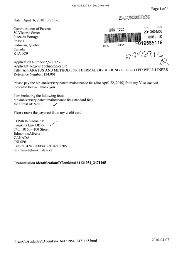 Canadian Patent Document 2522723. Fees 20100406. Image 1 of 1