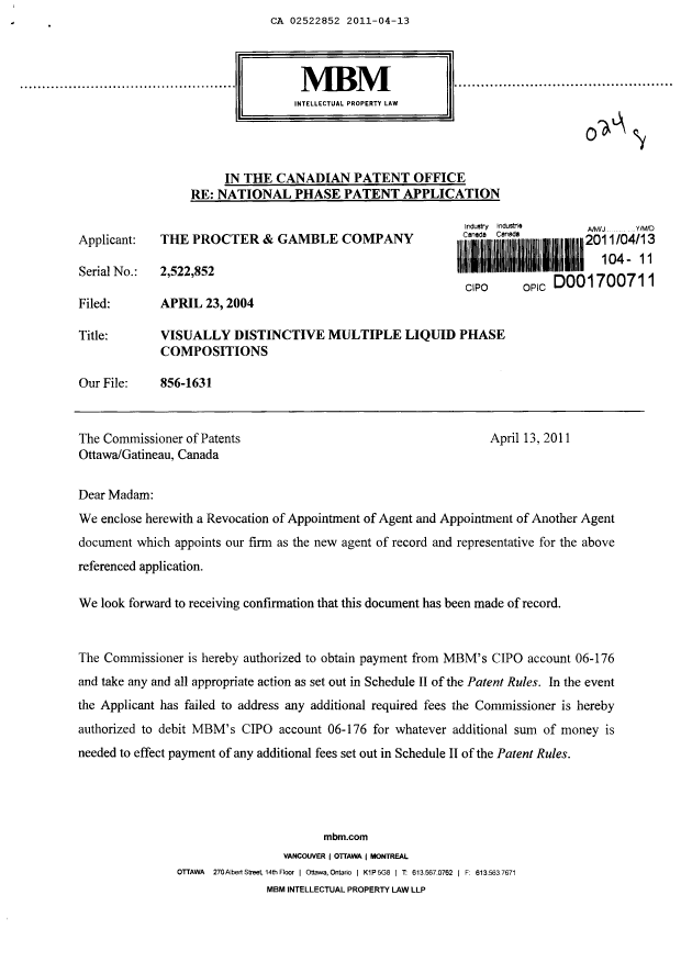 Canadian Patent Document 2522852. Correspondence 20110413. Image 1 of 3