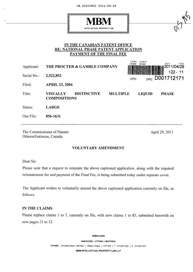 Canadian Patent Document 2522852. Prosecution-Amendment 20110429. Image 1 of 15