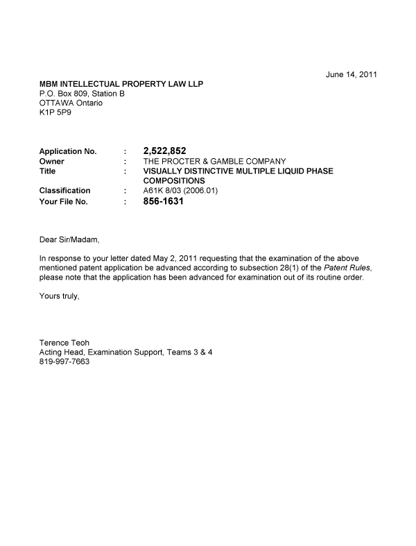 Canadian Patent Document 2522852. Prosecution-Amendment 20110614. Image 1 of 1