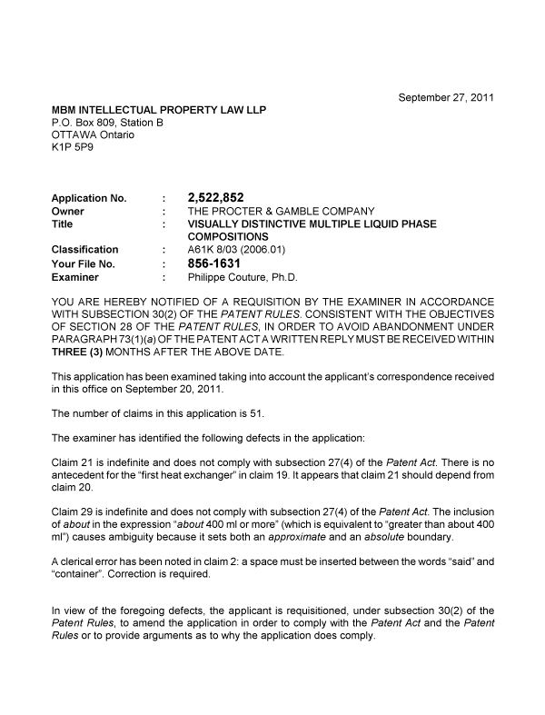 Canadian Patent Document 2522852. Prosecution-Amendment 20110927. Image 1 of 2
