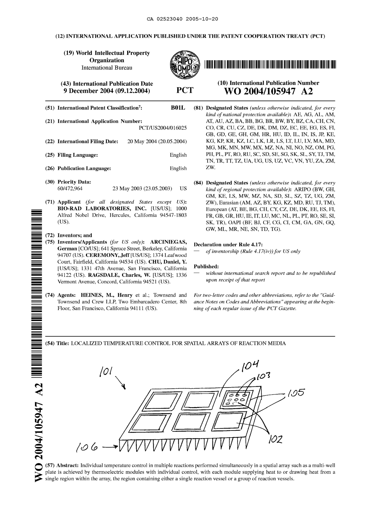 Canadian Patent Document 2523040. Abstract 20051020. Image 1 of 1