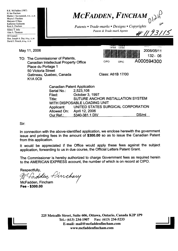 Document de brevet canadien 2523108. Correspondance 20060511. Image 1 de 1