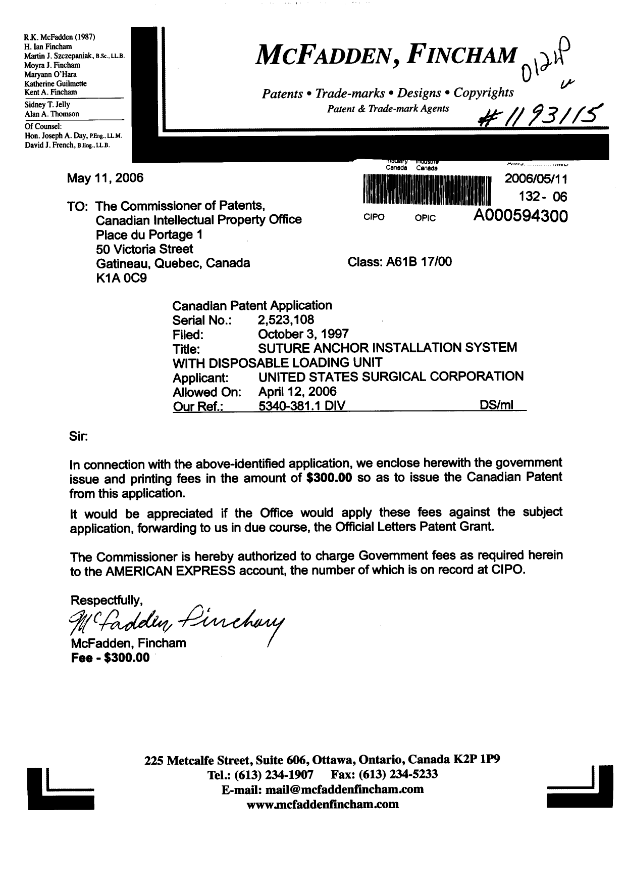 Canadian Patent Document 2523108. Correspondence 20060511. Image 1 of 1