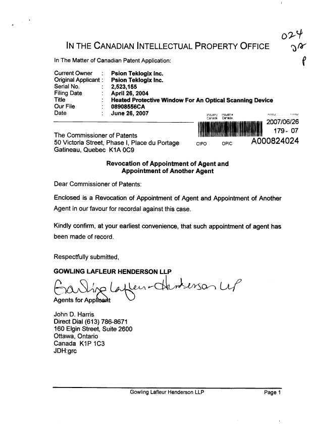 Canadian Patent Document 2523155. Correspondence 20070626. Image 1 of 2