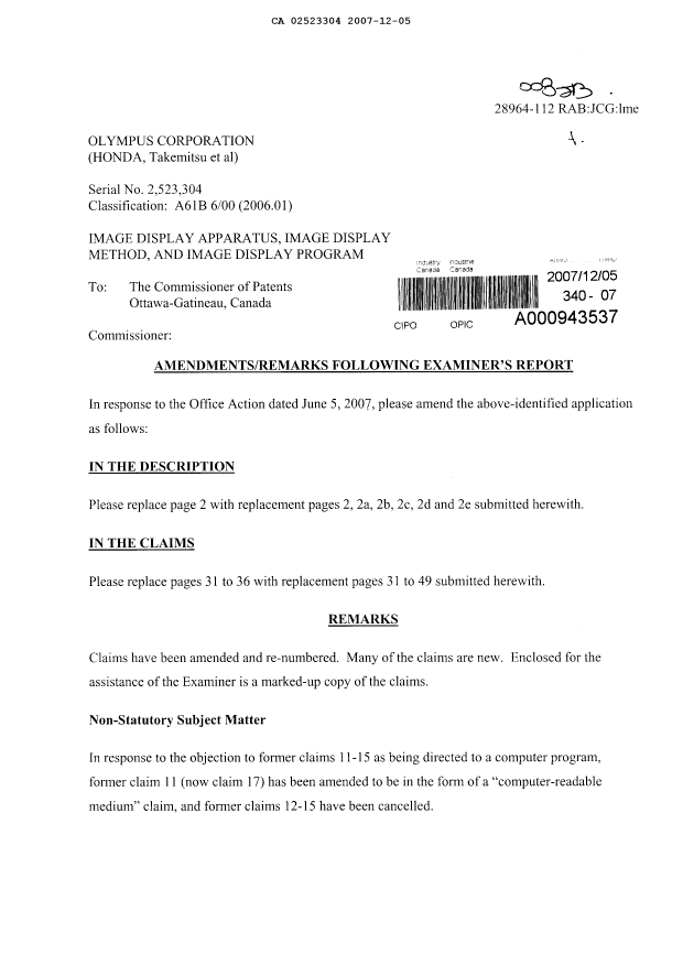 Canadian Patent Document 2523304. Prosecution-Amendment 20071205. Image 1 of 52