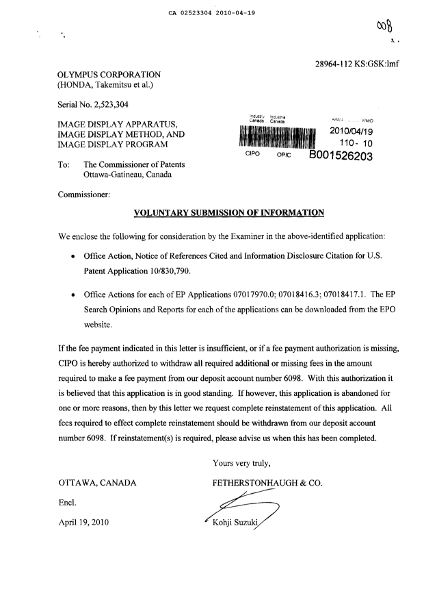 Canadian Patent Document 2523304. Prosecution-Amendment 20100419. Image 1 of 1