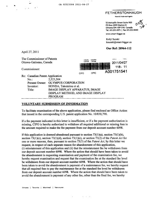 Canadian Patent Document 2523304. Prosecution-Amendment 20110427. Image 1 of 2