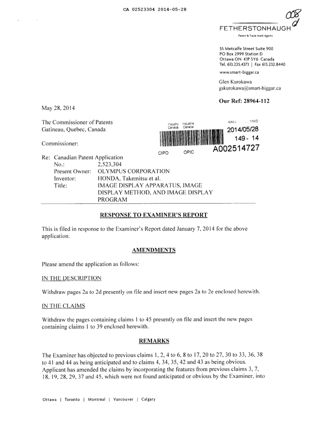 Canadian Patent Document 2523304. Prosecution-Amendment 20140528. Image 1 of 19