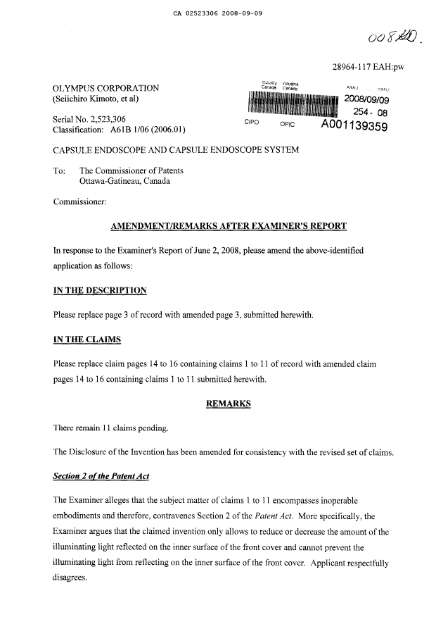 Canadian Patent Document 2523306. Prosecution-Amendment 20080909. Image 1 of 8