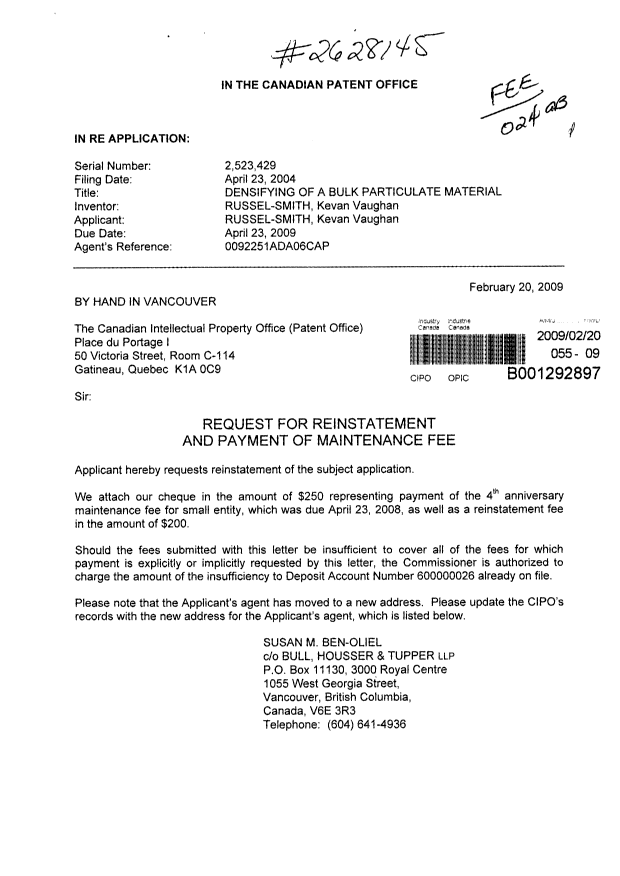 Canadian Patent Document 2523429. Correspondence 20090220. Image 1 of 2
