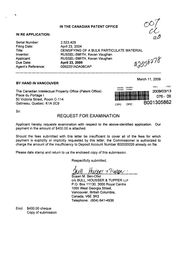 Canadian Patent Document 2523429. Prosecution-Amendment 20090313. Image 1 of 1