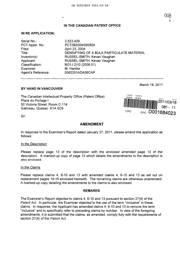 Canadian Patent Document 2523429. Prosecution-Amendment 20110318. Image 1 of 8
