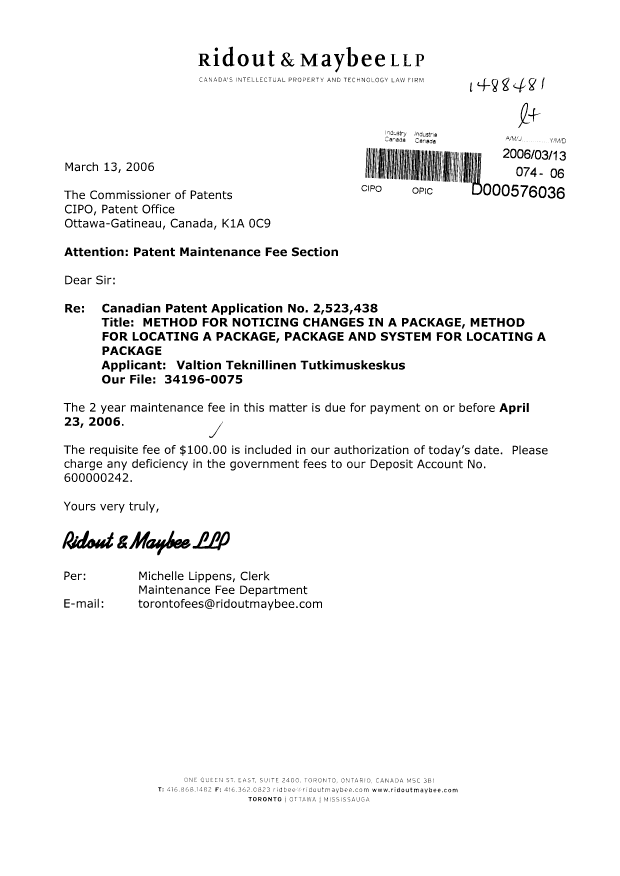 Canadian Patent Document 2523438. Fees 20060313. Image 1 of 1