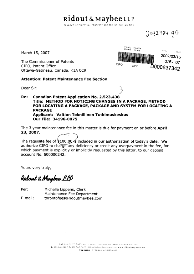 Canadian Patent Document 2523438. Fees 20070315. Image 1 of 1