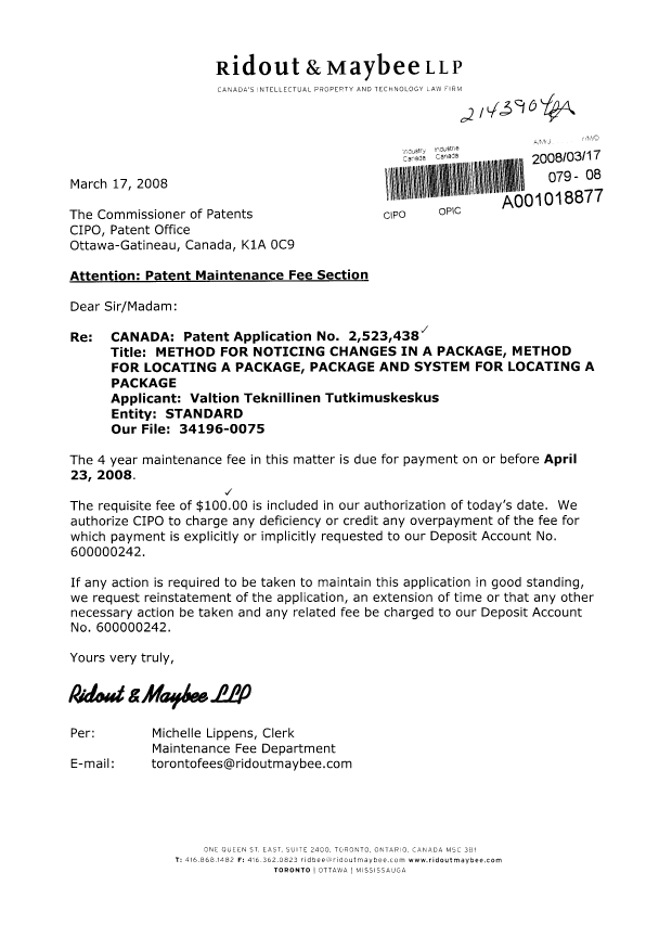 Canadian Patent Document 2523438. Fees 20080317. Image 1 of 1