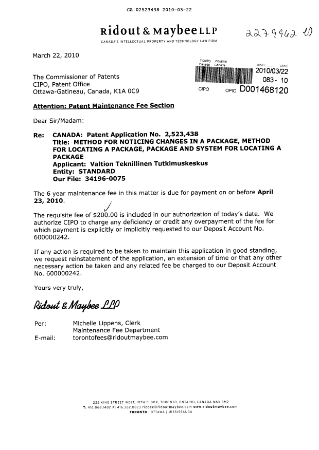 Canadian Patent Document 2523438. Fees 20100322. Image 1 of 1