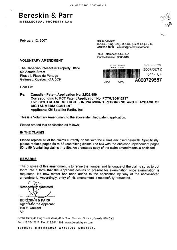 Canadian Patent Document 2523480. Prosecution-Amendment 20070212. Image 1 of 21