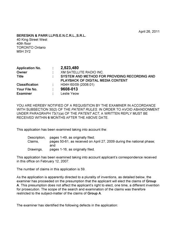 Canadian Patent Document 2523480. Prosecution-Amendment 20110426. Image 1 of 3
